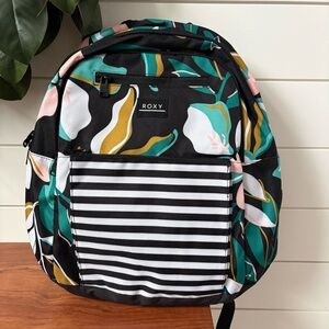 New Roxy Here You Are 24L Medium Backpack Black Floral Striped Laptop Pocket